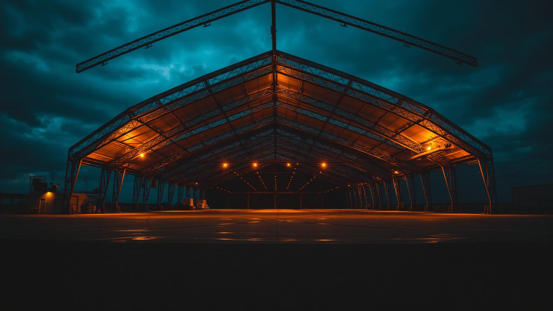 Massive industrial warehouse tent structure at dusk with steel framework
